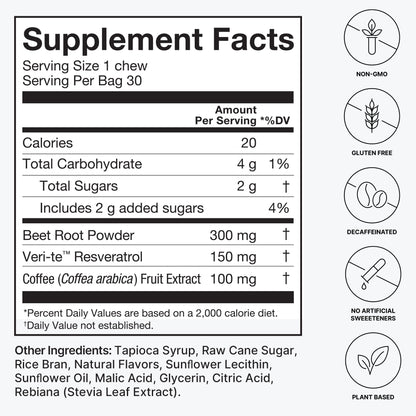 HumanN SuperBeets Brain Supplements for Memory and Focus Chews, Mental Alertness, Clinically Studied Nootropics, Resveratrol Supplement Plus Beet Root Powder, Blueberry Pomegranate Flavor, 30 Count - Nirvana Guru