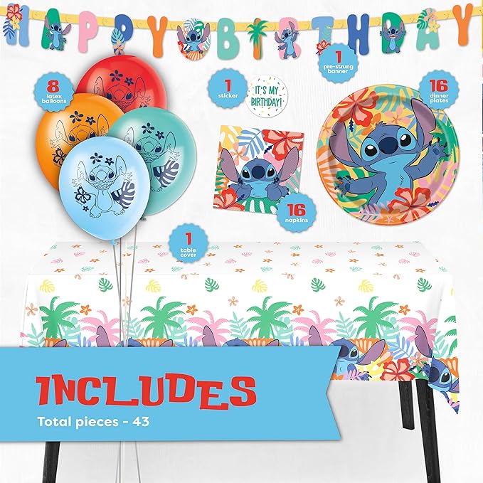 Lilo and Stitch Birthday Party Decorations for 16 | Banner, Tablecloth, Balloons, Plates and Napkins, Sticker | Stitch Birthday Decorations Nirvana Guru