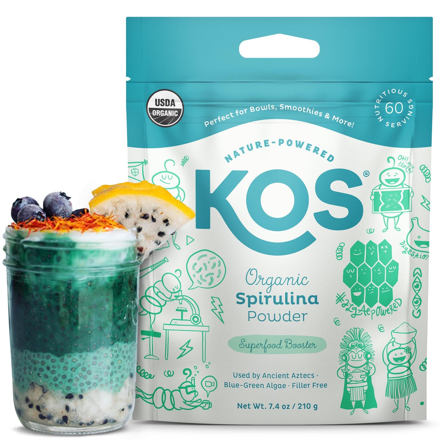 KOS Calming Blue Spirulina Blend- USDA Certified Organic - Algae Superfood Powder with Ashwagandha Root, Lemon Balm, Reishi Mushroom, B Vitamins - Berry Coconut Cooler Flavor, 28 Servings - Nirvana Guru