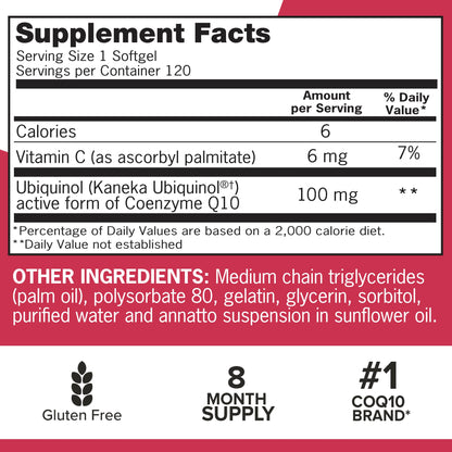 Qunol Mega Ubiquinol 100mg CoQ10, Superior Absorption, Patented Water and Fat Soluble Natural Supplement Form of Coenzyme Q10, Antioxidant for Heart Health, 100 Count Softgels Nirvana Guru