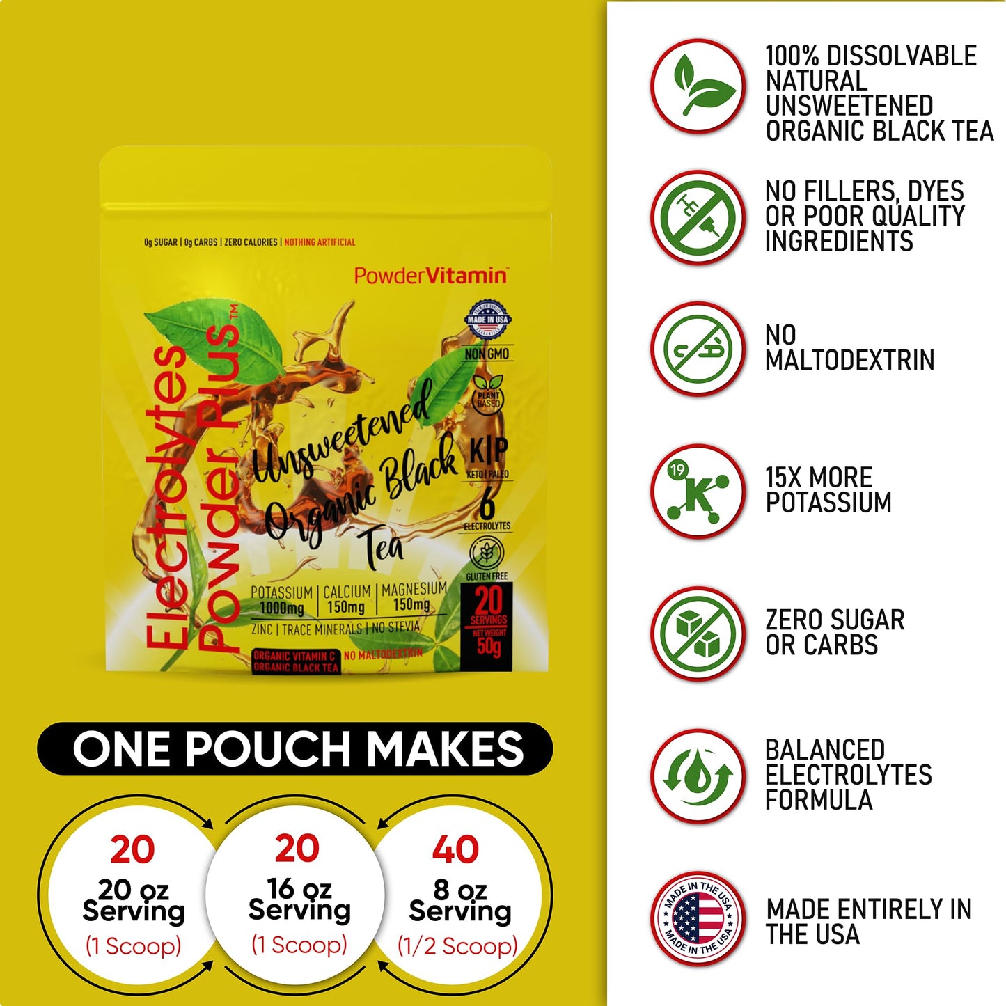PowerVitamin Lemonade Electrolytes Powder No Sugar for Daily Energy - Keto Electrolytes - Hydration Powder with 1000mg Potassium, 120mg Calcium, Magnesium, Organic Vitamin C, 100 Servings