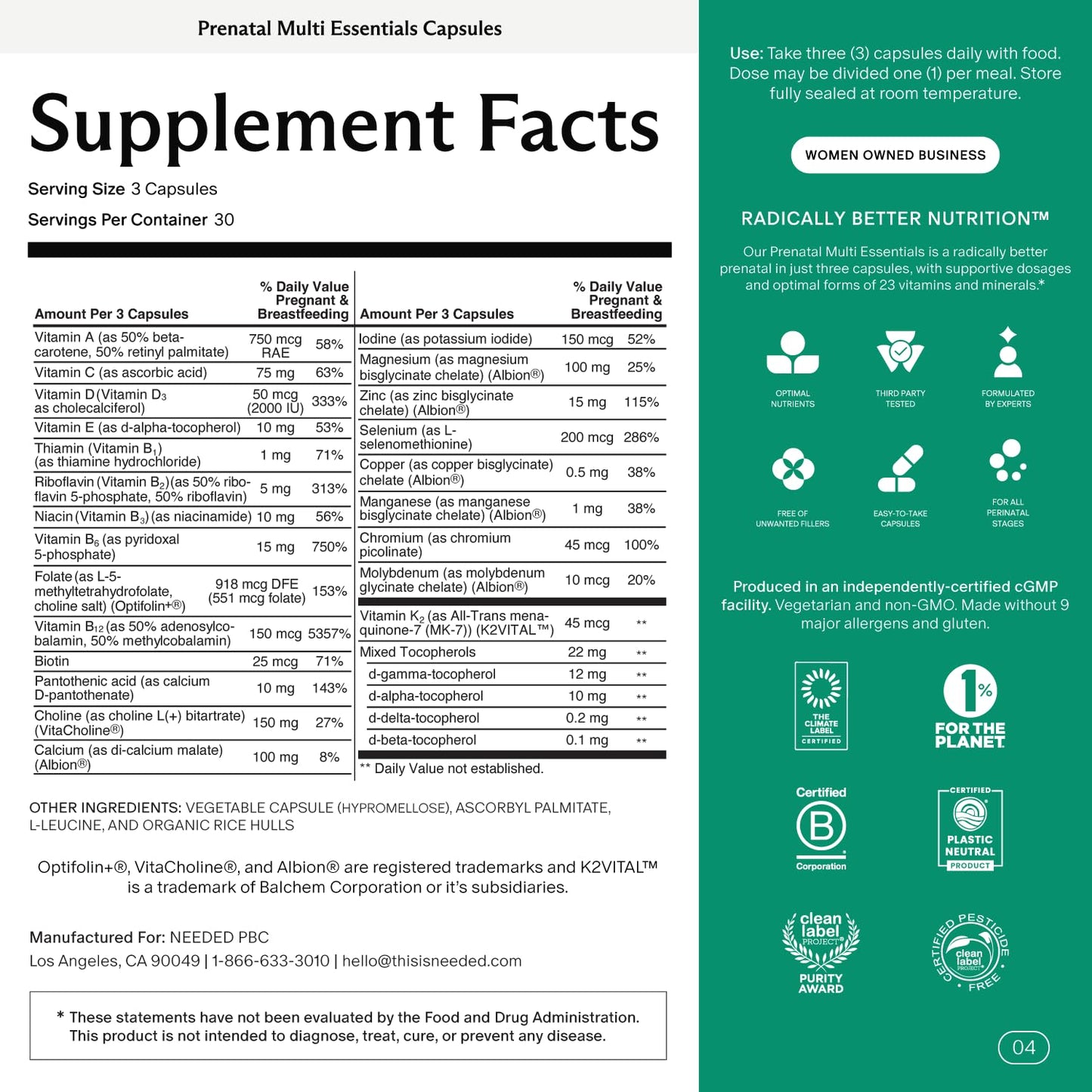 Needed. Multivitamin for Prenatal | Prenatal Multi Essentials Capsule - Pregnancy, Breastfeeding, Postpartum | Expertly-Formulated & Third-Party Tested, | 30-Day Supply Nirvana Guru