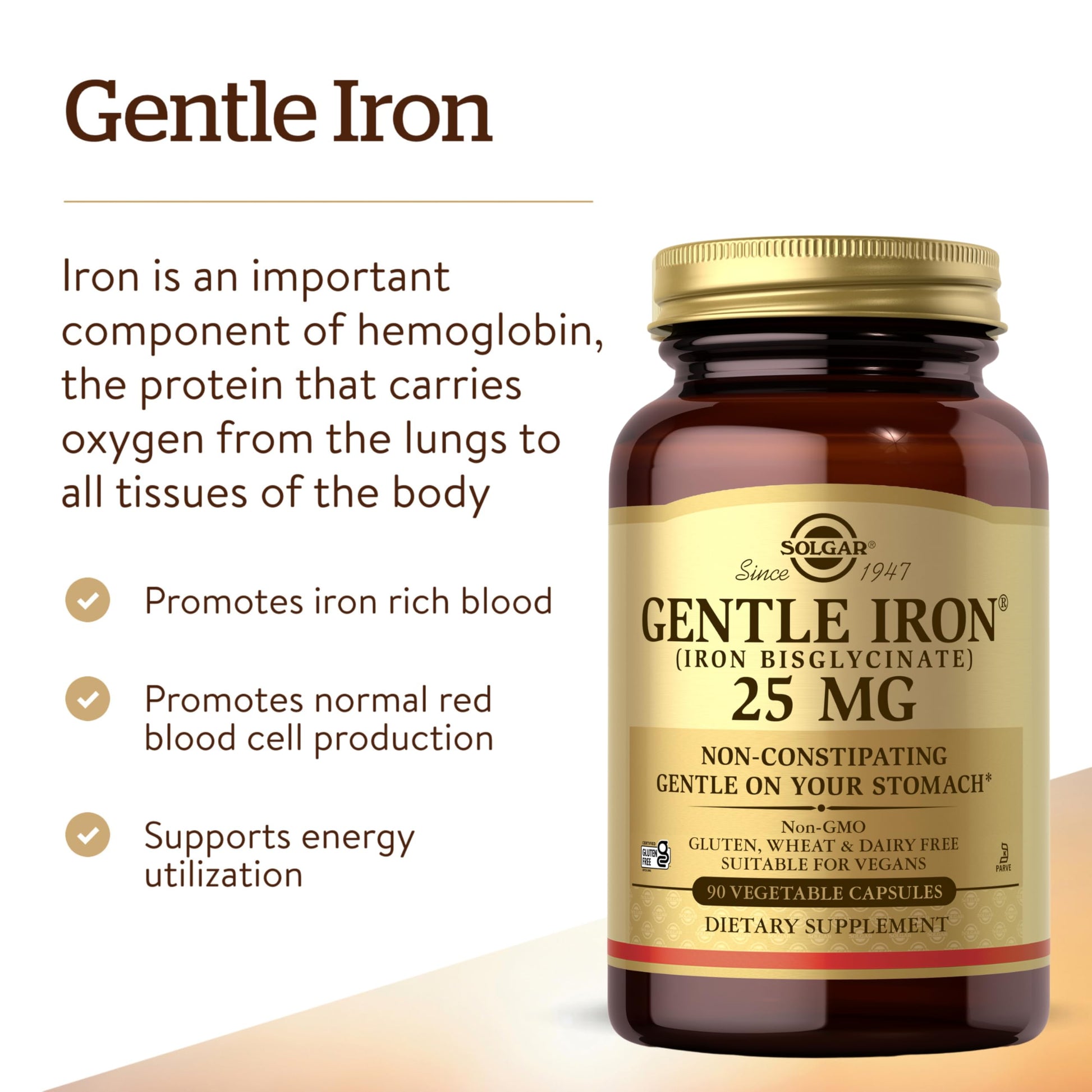 Solgar Gentle Iron, 180 Vegetable Capsules - Ideal for Sensitive Stomachs - Non-Constipating - Red Blood Cell Supplement - Non GMO, Vegan, Gluten-Free, Dairy Free, Kosher - 180 Servings Nirvana Guru