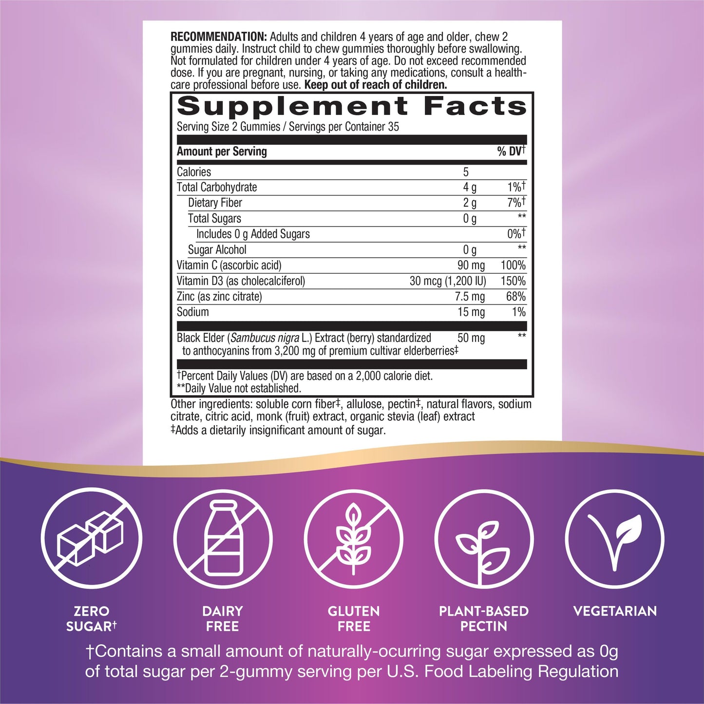Nature's Way Sambucus Zero Sugar Immune Gummies, Daily Immune Support*, Black Elderberry Extract, Vitamin C, Vitamin D3, Zinc, Sugar Free, Sugar Alcohol Free, Plant-Based Sweeteners, 70 Gummies - Nirvana Guru