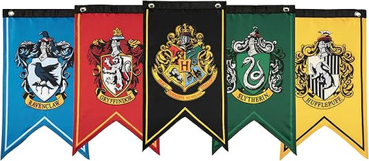 Conquest Journals Harry Potter Wizarding House Banner Flag Set, 12'' x 20'' Polyester Flags, Set of 5 Includes Hogwarts Crest, Gryffindor, Slytherin, Ravenclaw & Hufflepuff Banners, Birthday Party nirvanaguru