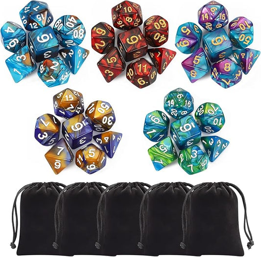 CiaraQ Polyhedral Dice Set (35 Pieces) with Black Pouches, 5 Complete Double-Colors Dice Sets of D4 D6 D8 D10 D% D12 D20 Compatible with Dungeons and Dragons DND RPG MTG Table Games nirvanaguru
