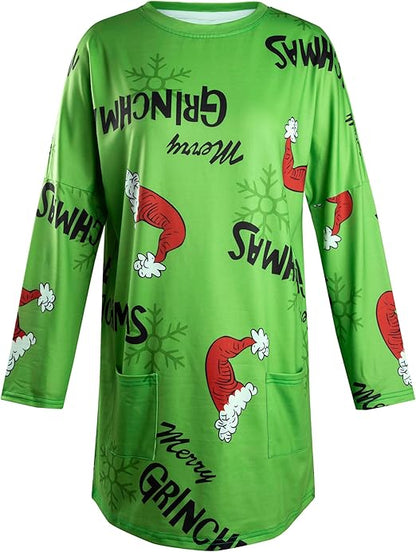 MOUSYA Women Dress Shirt Christmas Long Sleeve Tops Santa Printed Pullover Loose Plus Size T-Shirt Blouse with Pockets nirvanaguru