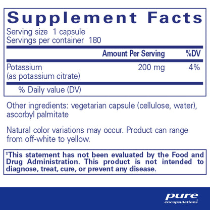Pure Encapsulations Potassium (Citrate) - Essential Electrolyte Supplement to Support Nerve & Muscle Function, Adrenals, Hormones, Heart Health & Energy* - Potassium Citrate Capsule - 180 Capsules Nirvana Guru