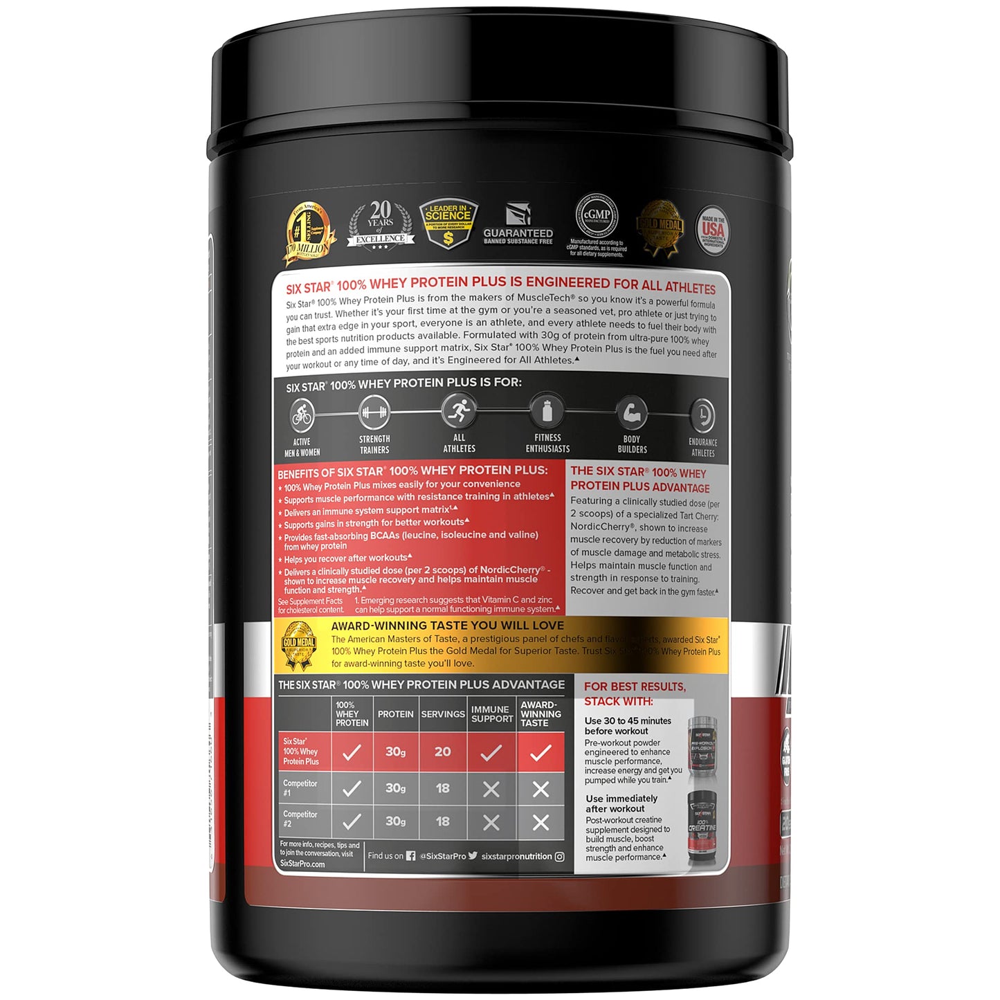 Six Star Whey Protein Powder Plus - Muscle Building & Recovery Formula with Whey Isolate Powder, BCAAs, 30g Protein, Immune Support - Post-Workout Supplement - Triple Chocolate, 1.8 lbs