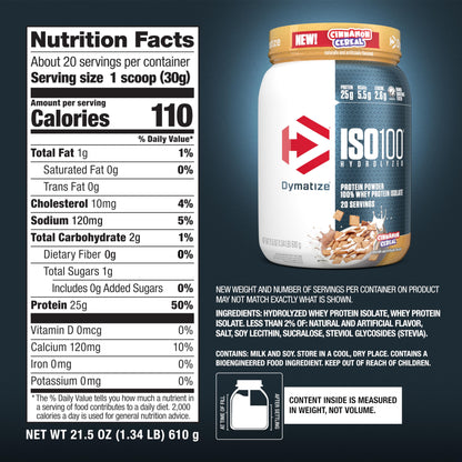 Dymatize ISO100 Whey Protein Powder Isolate, Gourmet Chocolate, 25g of Protein, 20 Servings, 5.5g BCAAs, Less Than 120 Cal., Gluten Free, 1g Fat, 1g Sugar, 2g Carb