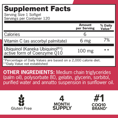 Qunol Mega Ubiquinol 100mg CoQ10, Superior Absorption, Patented Water and Fat Soluble Natural Supplement Form of Coenzyme Q10, Antioxidant for Heart Health, 100 Count Softgels Nirvana Guru