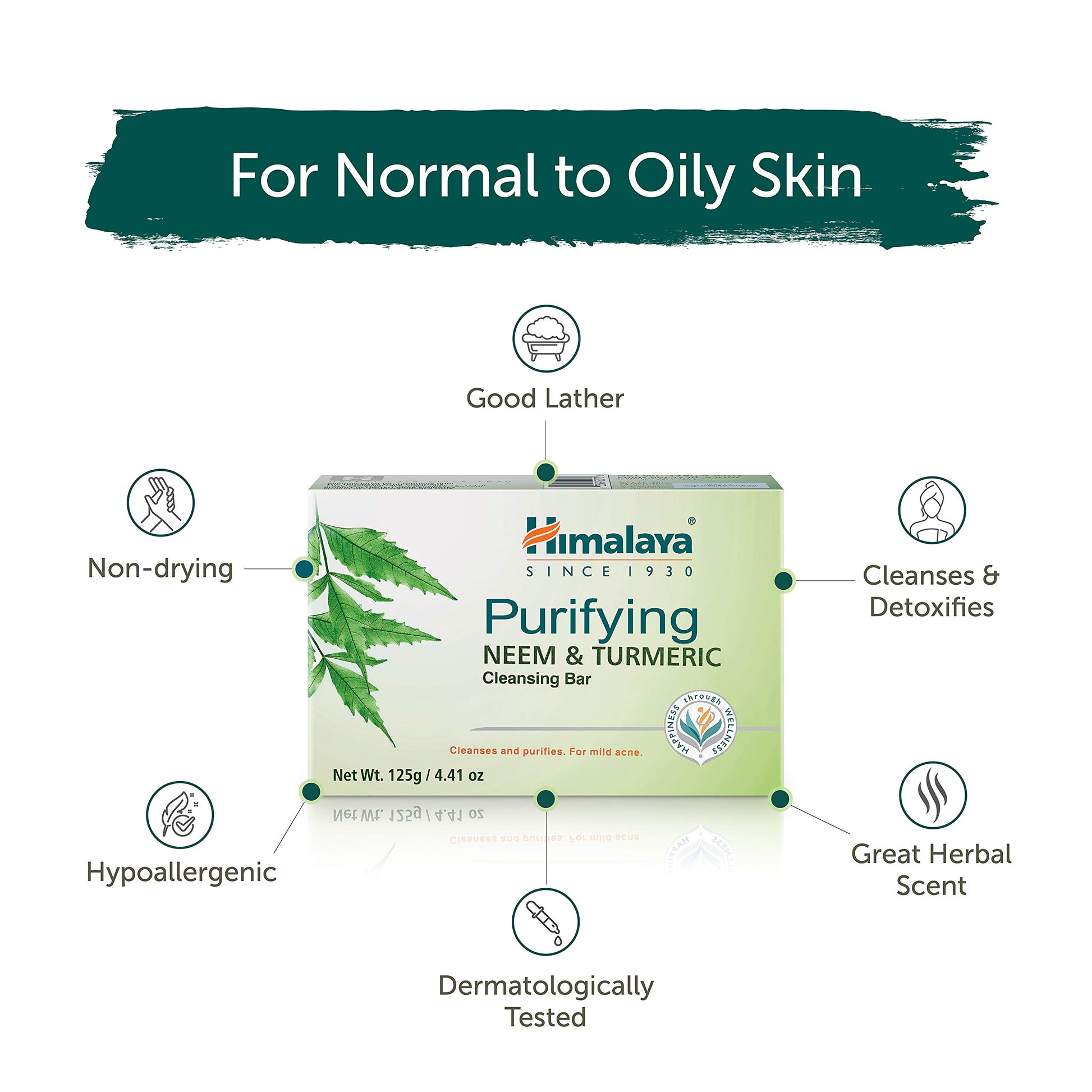 Himalaya Purifying Neem & Turmeric Cleansing Bar for Clean and Healthy Looking Skin, Free from Parabens, SLS and Phthalates, Gluten Free, Vegan, 125 g (4.41 oz), 6 Pack - Nirvana Guru