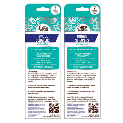 GuruNanda Tongue Scraper for Adults (2 Pack) with Travel Case, 420 Medical-Grade 100% Stainless Steel Tongue Cleaner, Aids in Fresh Breath & Oral Care Nirvana Guru