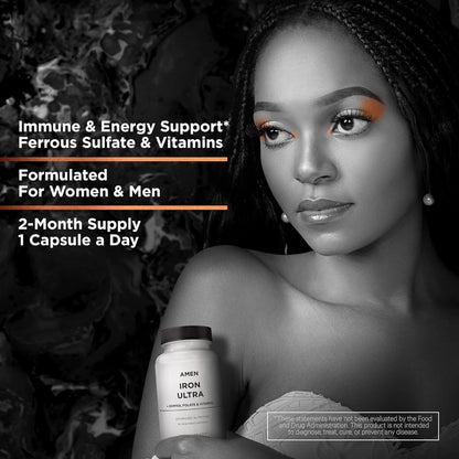 Amen Iron Ultra Supplement + Copper, Folate, Vitamin C and B12-2-Month Supply - Ferrous Sulfate Iron Vitamin - 65mg Per Serving - Folic Acid - Non-GMO Pills - 60 Capsules Nirvana Guru