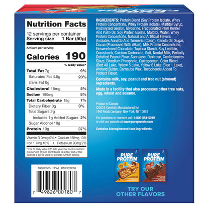 Pure Protein Bars, High Protein, Nutritious Snacks to Support Energy, Low Sugar, Gluten Free, Chocolate Deluxe, 1.76 oz., 12 Count(Pack of 1) (Packaging may vary)