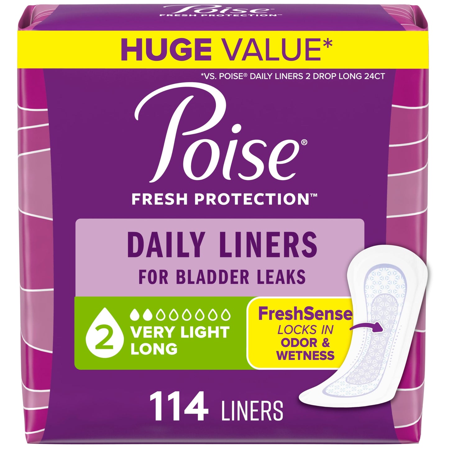 Poise Daily Liners, Incontinence Panty Liners, 2 Drop Very Light Absorbency, Regular Length, 48 Count of Pantiliners, Packaging May Vary