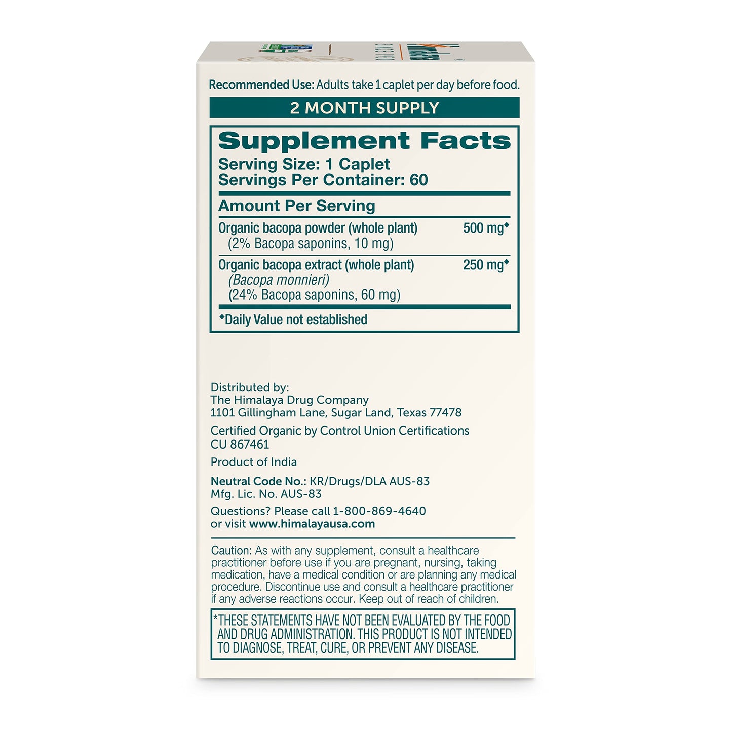 Himalaya Organic Bacopa Monnieri Nootropic Herbal Supplement, Supports Calm, Memory, Cognition, USDA Certified Organic, Non-GMO, 750 mg, 60 Plant-Based Caplets, 60 Day Supply - Nirvana Guru