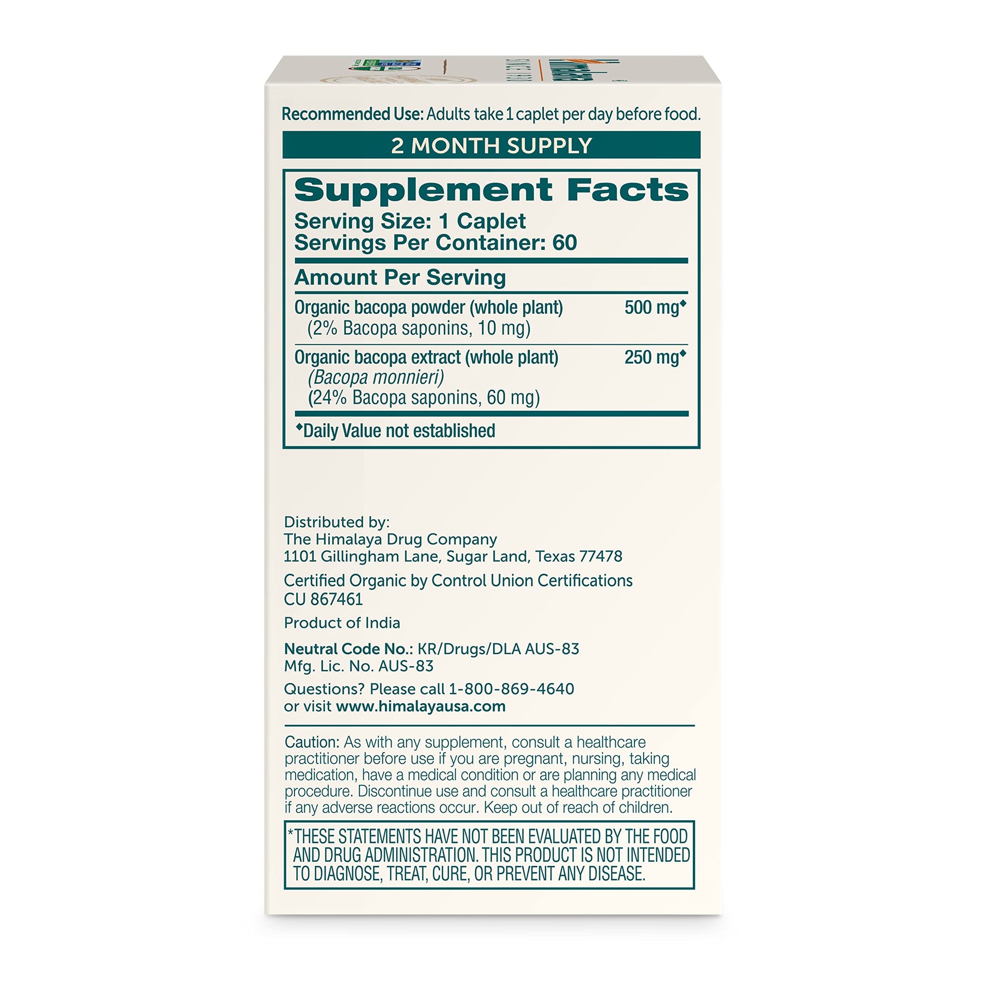 Himalaya Organic Bacopa Monnieri Nootropic Herbal Supplement, Supports Calm, Memory, Cognition, USDA Certified Organic, Non-GMO, 750 mg, 60 Plant-Based Caplets, 60 Day Supply - Nirvana Guru