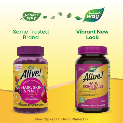 Nature's Way Alive! Hair, Skin & Nails Gummies, Advanced Beauty Formula*, with Biotin and Collagen, Strawberry Flavored, 60 Gummies (Packaging May Vary) - Nirvana Guru