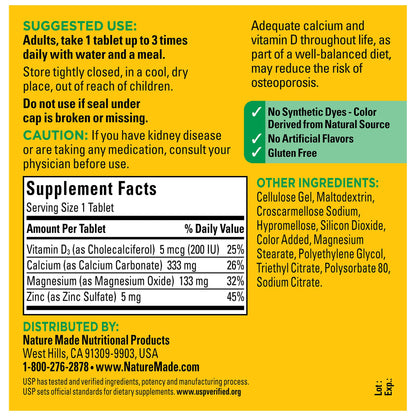Nature Made Calcium Magnesium Zinc with Vitamin D3, Dietary Supplement for Bone Support, 300 Tablets - Nirvana Guru