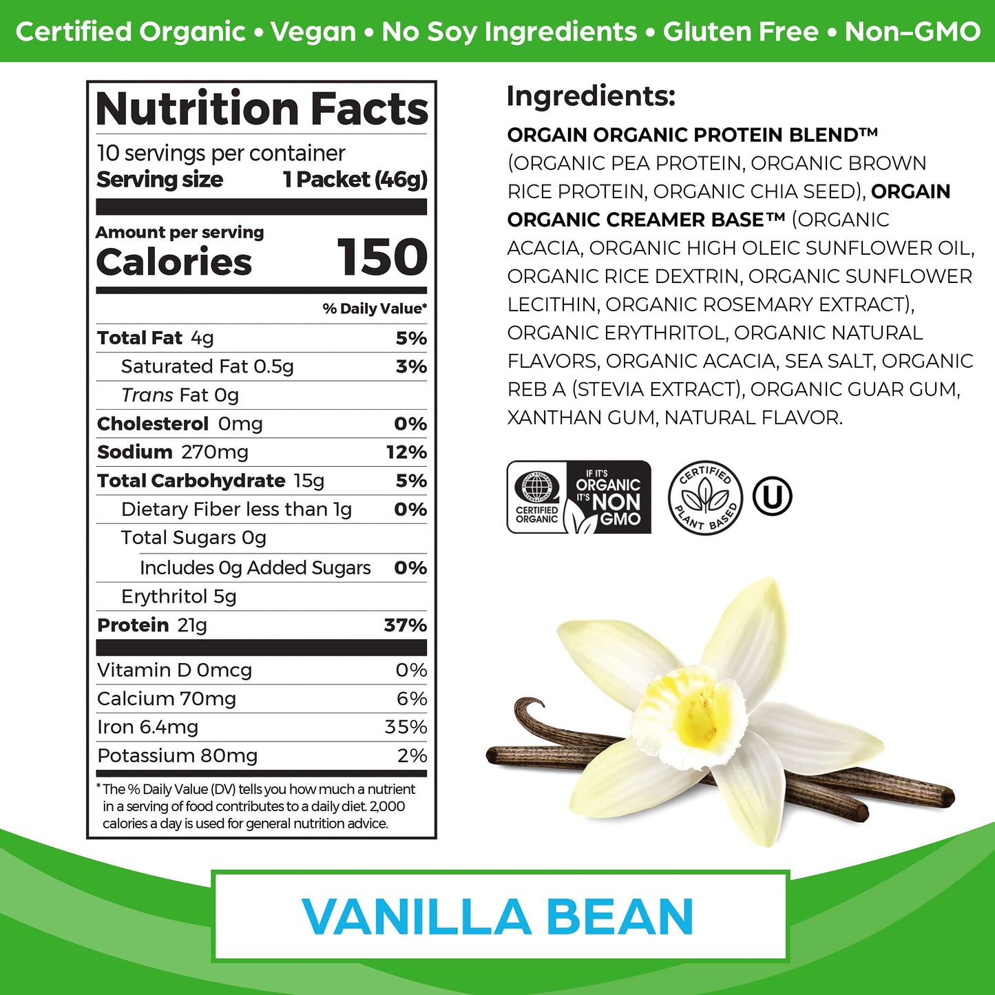 Orgain Organic Vegan Protein Powder, Vanilla Bean - 21g Plant Protein, 4g Prebiotic Fiber, No Lactose Ingredients, No Added Sugar, Non-GMO, For Shakes & Smoothies, 2.03 lb (Packaging May Vary)