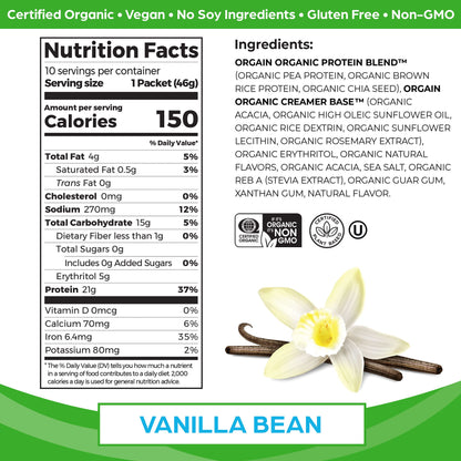 Orgain Organic Vegan Protein Powder, Vanilla Bean - 21g Plant Protein, 4g Prebiotic Fiber, No Lactose Ingredients, No Added Sugar, Non-GMO, For Shakes & Smoothies, 2.03 lb (Packaging May Vary)