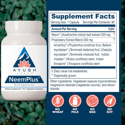 Ayush Herbs Neem Plus - Digestive Health for Women & Men, Gut Support Supplement for Stomach & Skin Health, Immune Support - 90 Vegetarian Capsules (1 Count) Nirvana Guru