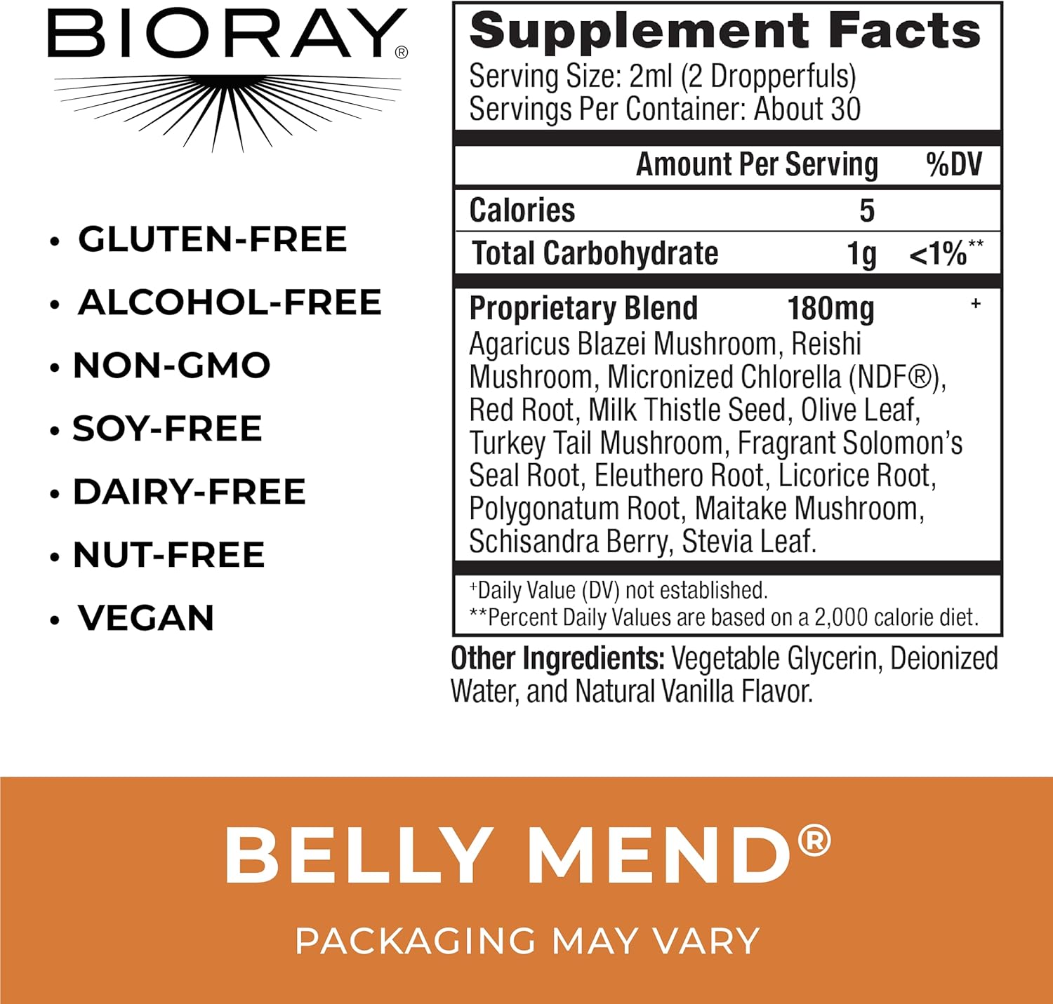 BIORAY Daily Belly Mend - 2 fl oz - 11-Strain Probiotic Blend with Medicinal Mushrooms - Supports Healthy Gut & Bowel Functions - Non-GMO, Vegetarian, Gluten Free Nirvana Guru