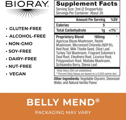 BIORAY Daily Belly Mend - 2 fl oz - 11-Strain Probiotic Blend with Medicinal Mushrooms - Supports Healthy Gut & Bowel Functions - Non-GMO, Vegetarian, Gluten Free Nirvana Guru