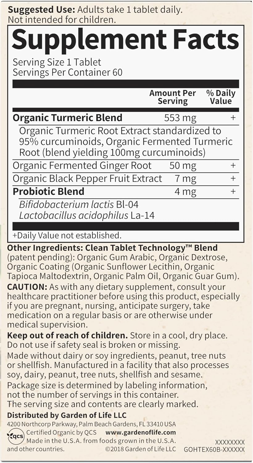 Garden of Life Organics Extra Strength Turmeric Inflammatory Response 60 Tablets-100mg Curcumin (95% Curcuminoids) Black Pepper, Probiotics, Organic Non-GMO Vegan Gluten Free Herbal Supplement - Nirvana Guru