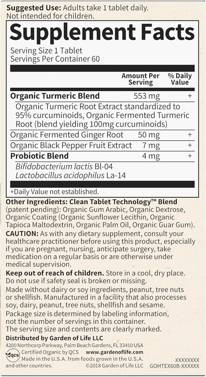 Garden of Life Organics Extra Strength Turmeric Inflammatory Response 60 Tablets-100mg Curcumin (95% Curcuminoids) Black Pepper, Probiotics, Organic Non-GMO Vegan Gluten Free Herbal Supplement - Nirvana Guru