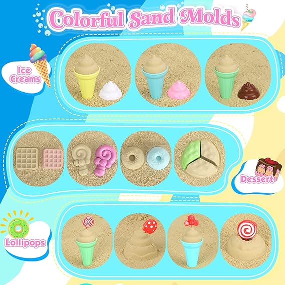 Collapsible Beach Toys Set for Kids Toddlers Girls, Collapsible Sand Bucket and Shovels Set with Mesh Bag & Sand Molds, Ice Cream Travel Sand Toys for Beach, Sandbox Toys for Toddlers Kids Age 3-10 nirvanaguru