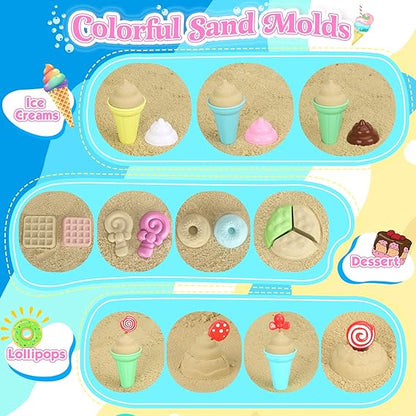 Collapsible Beach Toys Set for Kids Toddlers Girls, Collapsible Sand Bucket and Shovels Set with Mesh Bag & Sand Molds, Ice Cream Travel Sand Toys for Beach, Sandbox Toys for Toddlers Kids Age 3-10 nirvanaguru