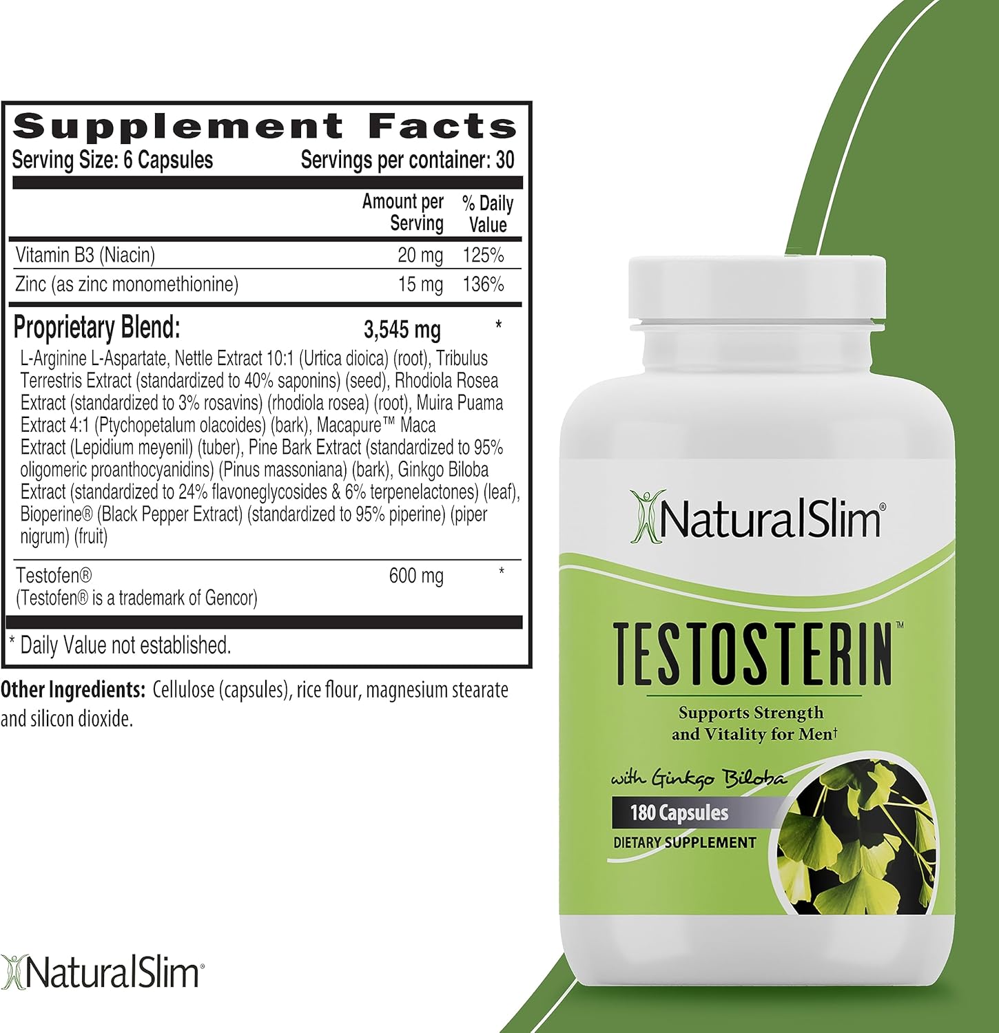 NaturalSlim Natural Testosterone Booster for Men - Male Enhancing Supplement with Ginkgo Biloba, L Arginine, Zinc, Vitamin B3, & Testofen for Energy, Muscle Builder & Metabolism - 180 Capsules - Nirvana Guru