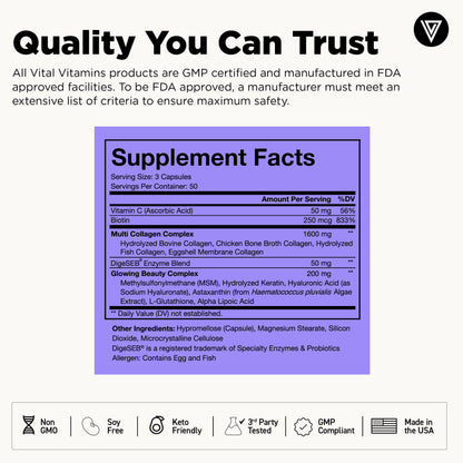 Vital Vitamins Multi Collagen for Women & Men - Type I, II, III, V, X - Grass Fed, Non-GMO - 150 Capsules