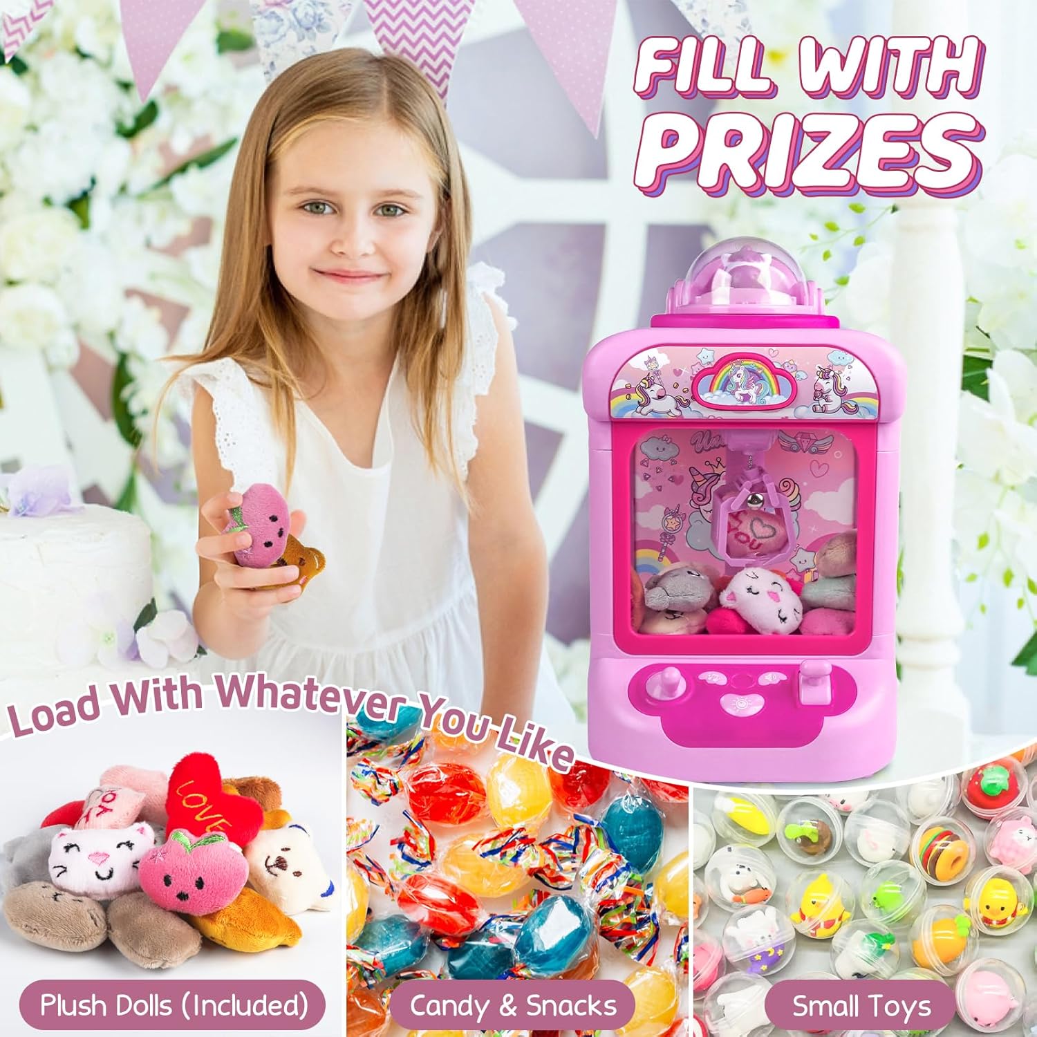 Claw Machine for Kids, Mini Vending Machine Girls Unicorn Toys, Candy Grabber Prize Dispenser with Sound & 20 Mini Plush Toys, Electronic Arcade Game Indoor Toy for Home Party Birthday Gifts Nirvana Guru