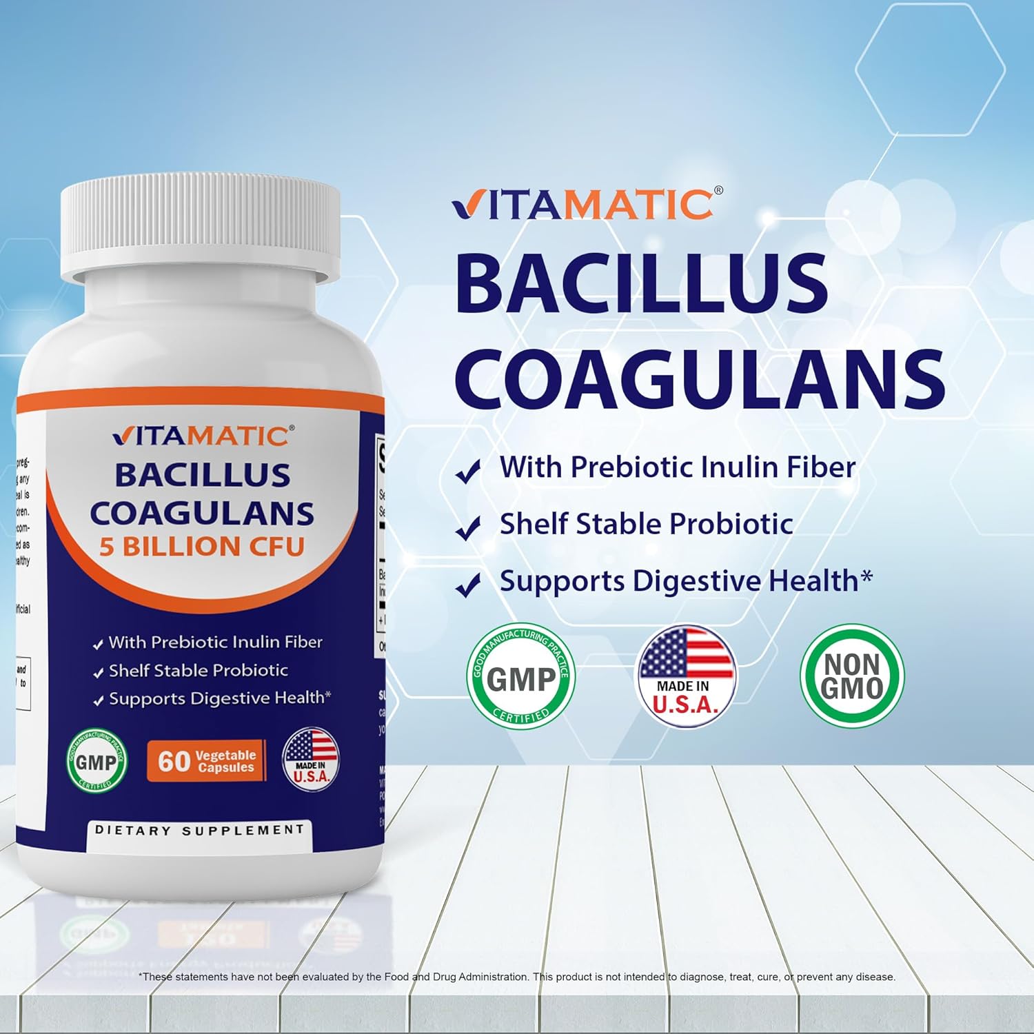 Vitamatic Bacillus Coagulans Shelf Stable Probiotic Supplement - Promote GI Digestive Health - 60 Vegetable Capsules - Survives Stomach Acids - Nirvana Guru