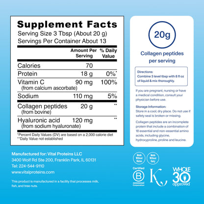 Vital Proteins Collagen Peptides Powder Advanced with Hyaluronic Acid & Vitamin C, Collagen Supplements, Unflavored, 13 Servings - Nirvana Guru