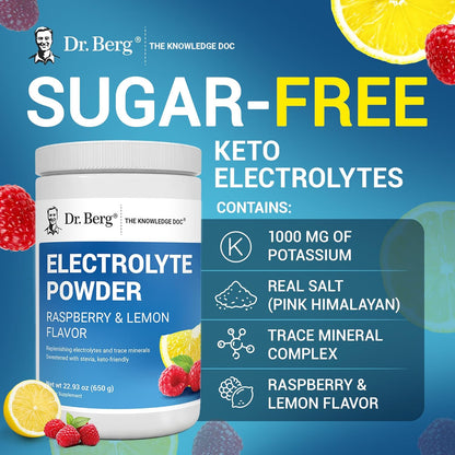Dr. Berg Zero Sugar Hydration Keto Electrolyte Powder - Enhanced w/ 1000 mg of Potassium & Real Pink Himalayan Salt (NOT Table Salt) - Raspberry & Lemon Flavor Hydration Drink Supplement, 100 Servings - Nirvana Guru