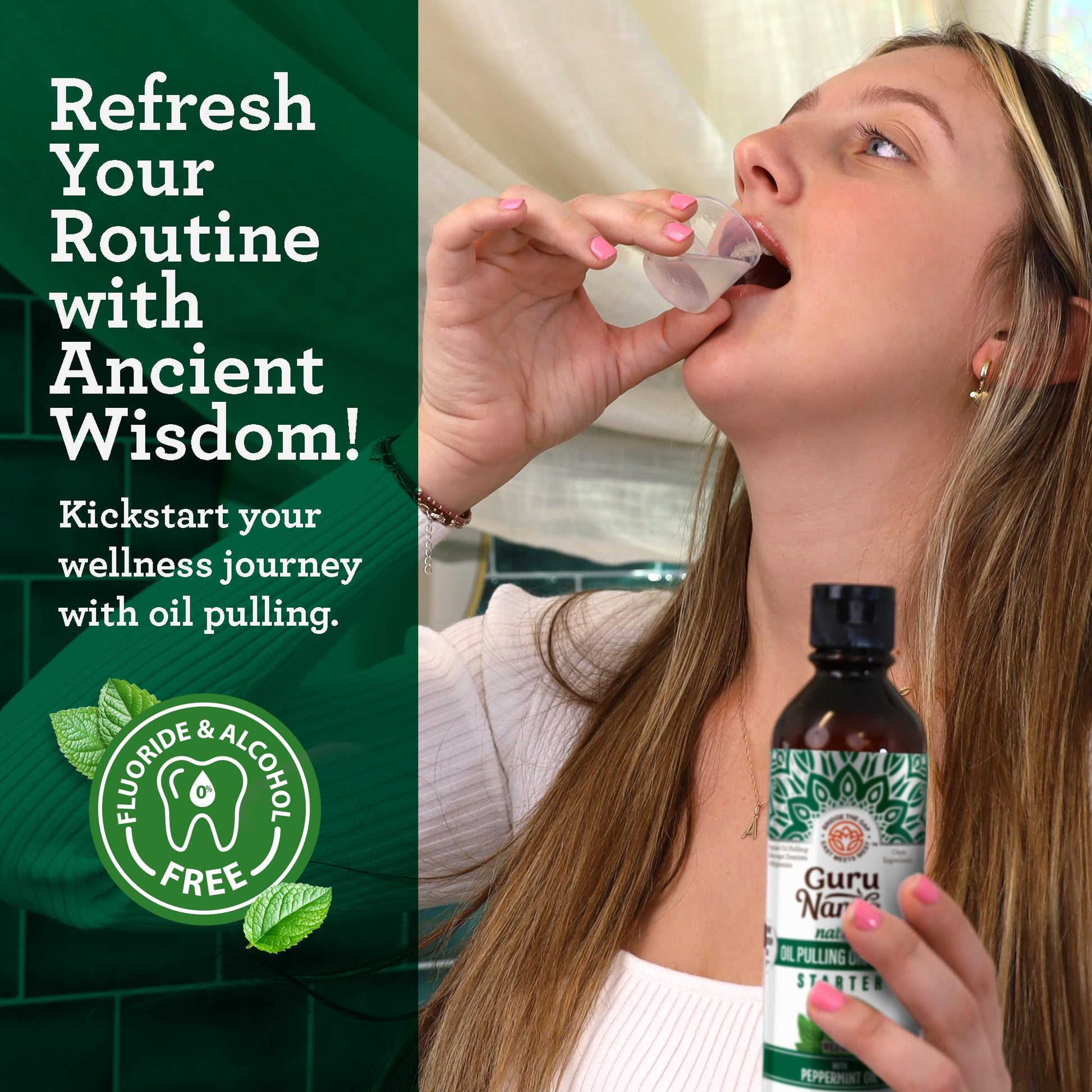 GuruNanda Starter Pulling Oil Mouthwash for Natural Teeth Whitening, Coconut and Peppermint Oil for Fresh Breath & Happy Gums, Alcohol-Free, 8 Oz Nirvana Guru
