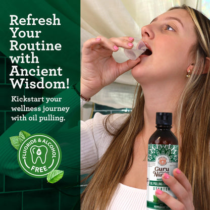 GuruNanda Starter Pulling Oil Mouthwash for Natural Teeth Whitening, Coconut and Peppermint Oil for Fresh Breath & Happy Gums, Alcohol-Free, 8 Oz Nirvana Guru