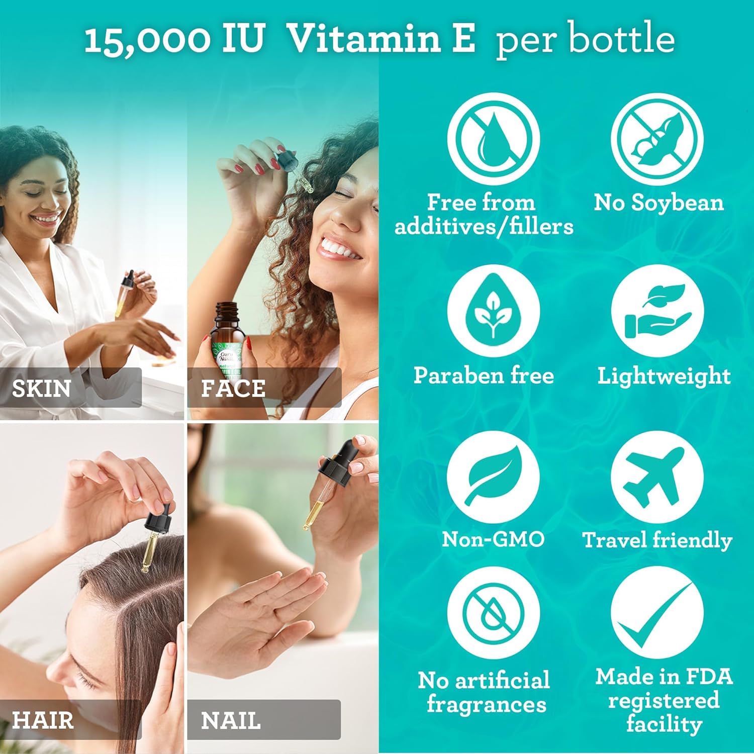 GuruNanda Vitamin E Oil, 2 Fl Oz Pure & Natural, 15,000 IU per Bottle, for Skin, Hair, Face, Nails & Scars, With Coconut Oil to Help Nourish & Moisture, Non-GMO & Vegan Nirvana Guru
