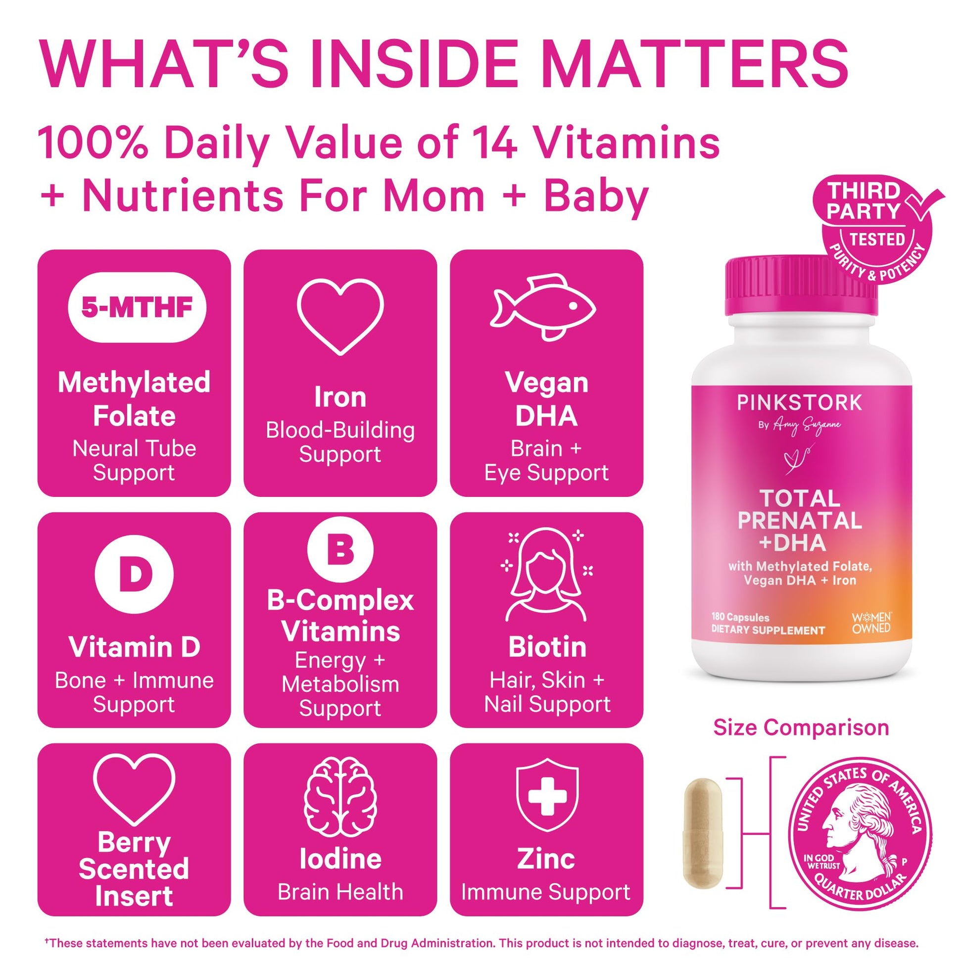 Pink Stork Total Prenatal Vitamins with DHA, Folate, Iron, Choline, and Vitamin B12 - Prenatals for Women to Support Fetal Development, Pregnancy Essentials, Berry Essence, 60 Capsules, 1 Month Supply Nirvana Guru