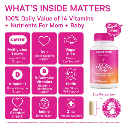 Pink Stork Total Prenatal Vitamins with DHA, Folate, Iron, Choline, and Vitamin B12 - Prenatals for Women to Support Fetal Development, Pregnancy Essentials, Berry Essence, 60 Capsules, 1 Month Supply Nirvana Guru