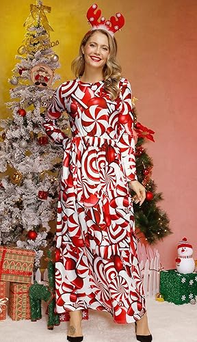 For G and PL Women's Ugly Christmas Maxi Dress Long Sleeve Graphic Outfit with Pockets nirvanaguru