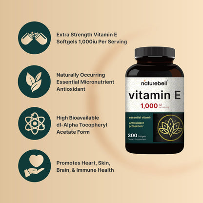 NatureBell Vitamin E Oil Softgels, 1,000 IU Per Serving, 300 Pills | Essential Antioxidant Supplements, Easily Absorbed Form – Supports Skin, Heart, & Immune Health – Non-GMO Nirvana Guru