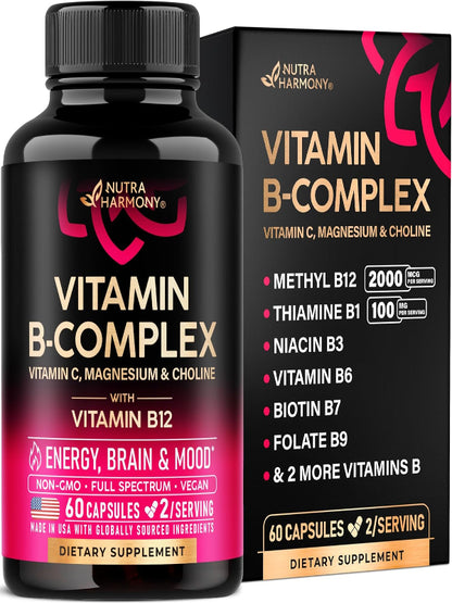 Vitamin B Complex for Men & Women - Made in USA - B-Complex: B1, B2, B3, B5, B6, B7, B8, B9, B12 with Vitamin C, Choline, Inositol - Energy, Brain & Heart Support Supplement, 60 Vegan Capsules Nirvana Guru