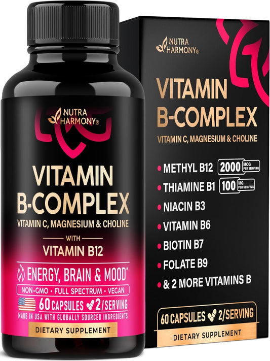 Vitamin B Complex for Men & Women - Made in USA - B-Complex: B1, B2, B3, B5, B6, B7, B8, B9, B12 with Vitamin C, Choline, Inositol - Energy, Brain & Heart Support Supplement, 60 Vegan Capsules Nirvana Guru