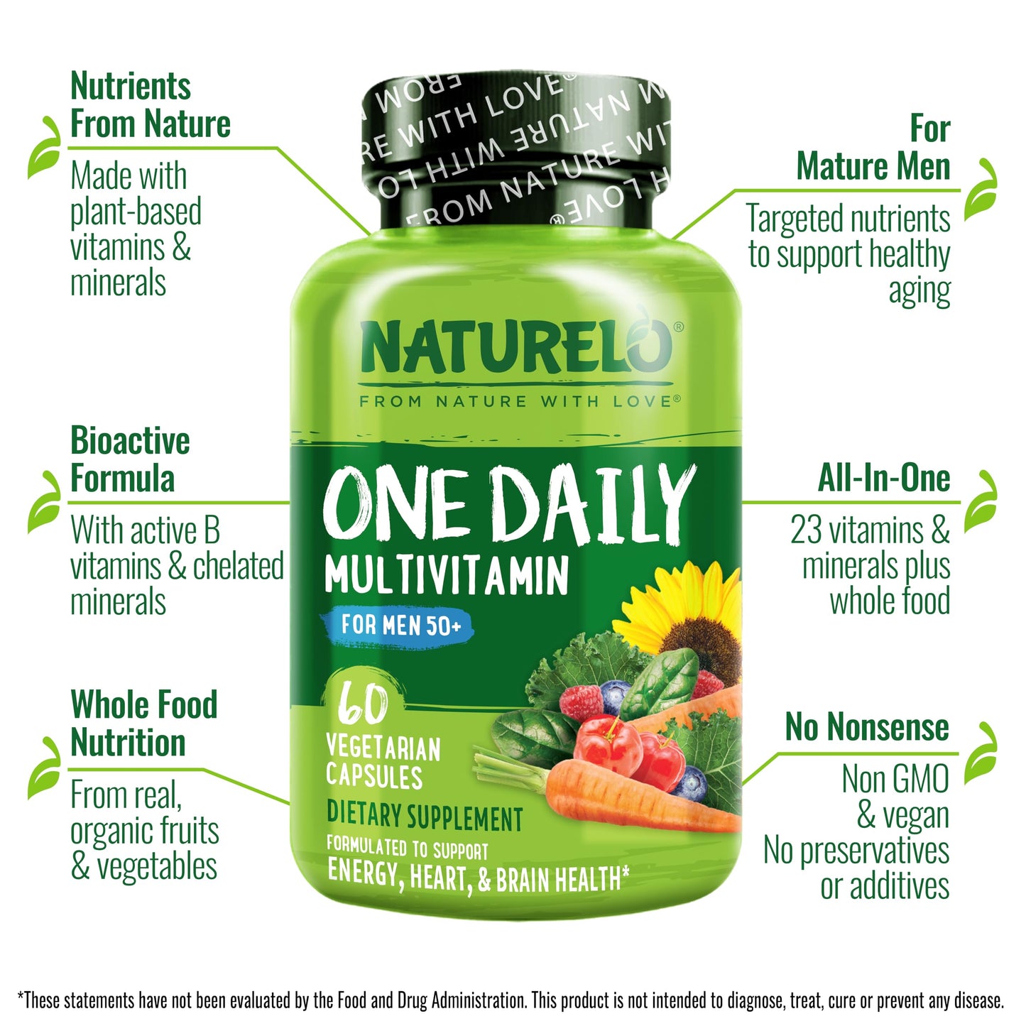 NATURELO Mens Multivitamins for Men 50+ - One Daily Multivitamin for Men with Vitamins, Minerals & Organic Whole Foods, Boost Energy & Health, Non-GMO, 60 Vegetarian Capsules - Nirvana Guru