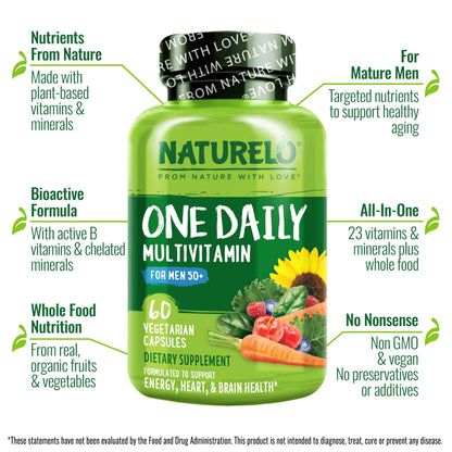 NATURELO Mens Multivitamins for Men 50+ - One Daily Multivitamin for Men with Vitamins, Minerals & Organic Whole Foods, Boost Energy & Health, Non-GMO, 60 Vegetarian Capsules - Nirvana Guru